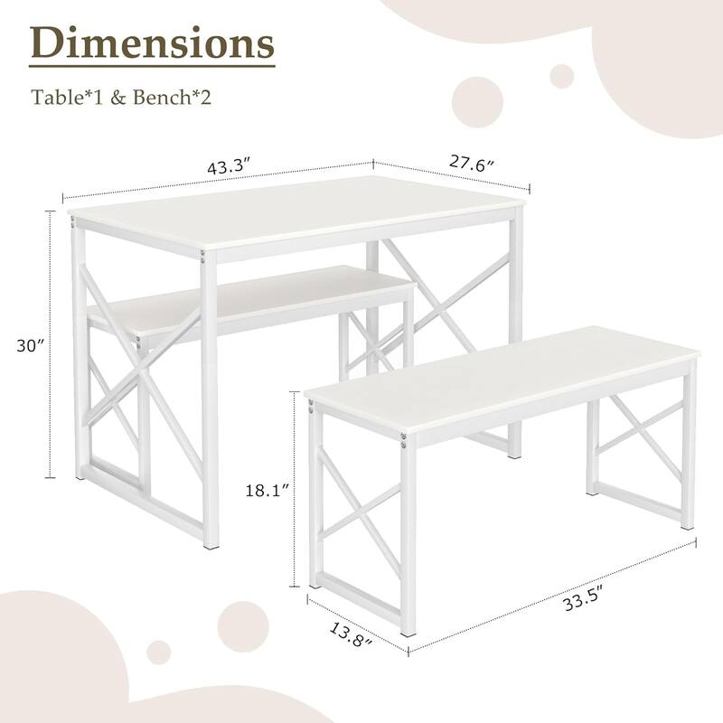 44.3" Dining Table with Benches Kitchen Table set for 4 Rectangular Dining Room Table Set with 2 Metal Wood Benches