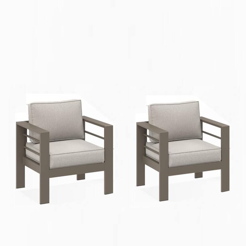 Set of 2 28" Metal Patio Armchairs with Thick Beige Cushions Khaki Frame