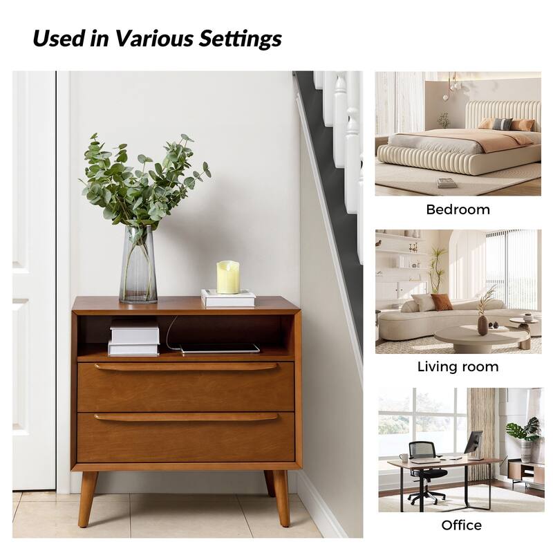 Kay Mid-century Modern 2 - Drawer Nightstand with Built-In Outlets and USB set of 2 by HULALA HOME