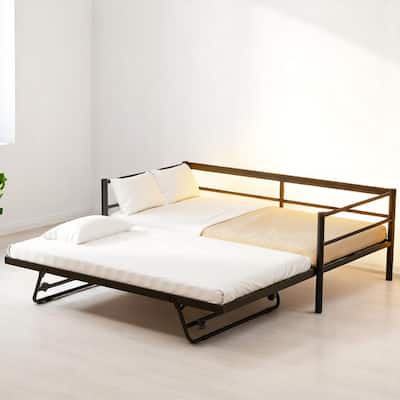 Twin Size Metal Daybed with Adjustable Pop-Up Trundle and Remote-Control LED Light Strip, No Box Spring Needed,Trundle bed