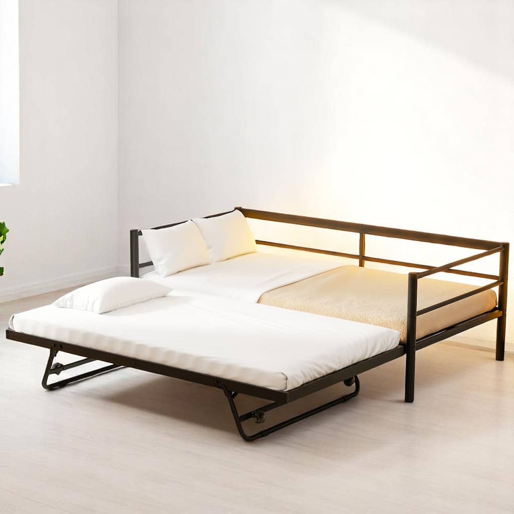 Twin Size Metal Daybed with Adjustable Pop-Up Trundle and Remote-Control LED Light Strip, No Box Spring Needed,Trundle bed