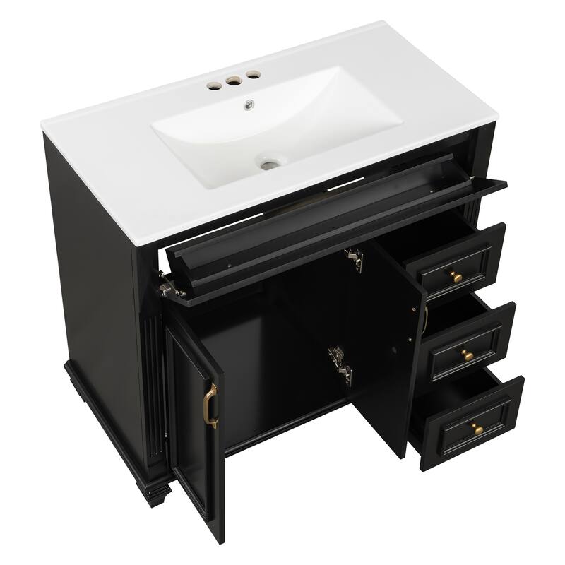 36" Bathroom Vanity with Sink, Storage Vanity Cabinet with Flip-Out Drawer, 3 Drawers, 2 Soft-Close Doors and Gold Handles