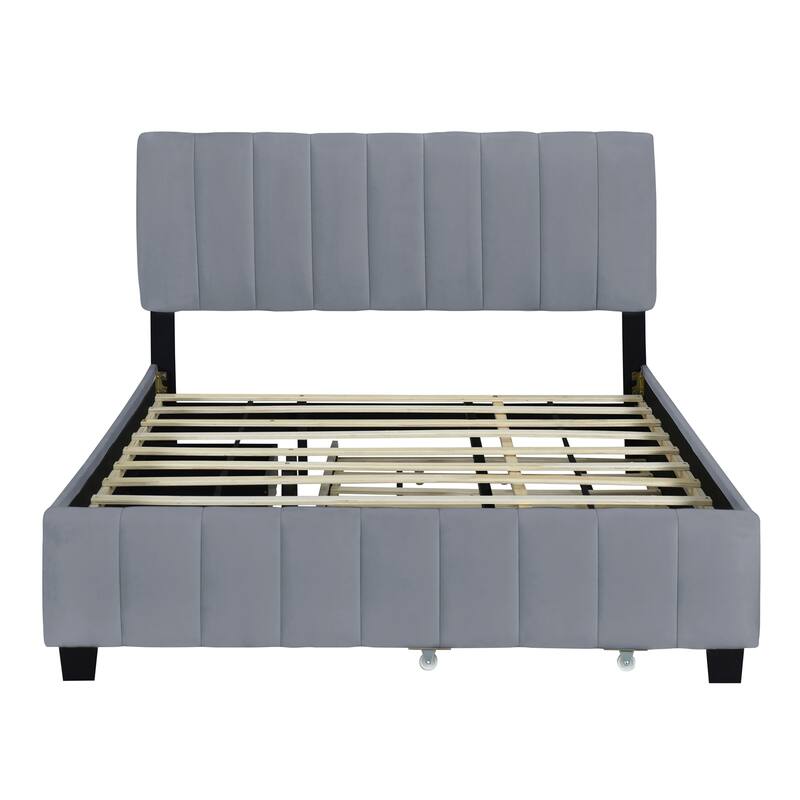 Queen Size Velvet Upholstered Platform Bed with Twin XL Trundle, 2 Storage Drawers & Tufted Headboard