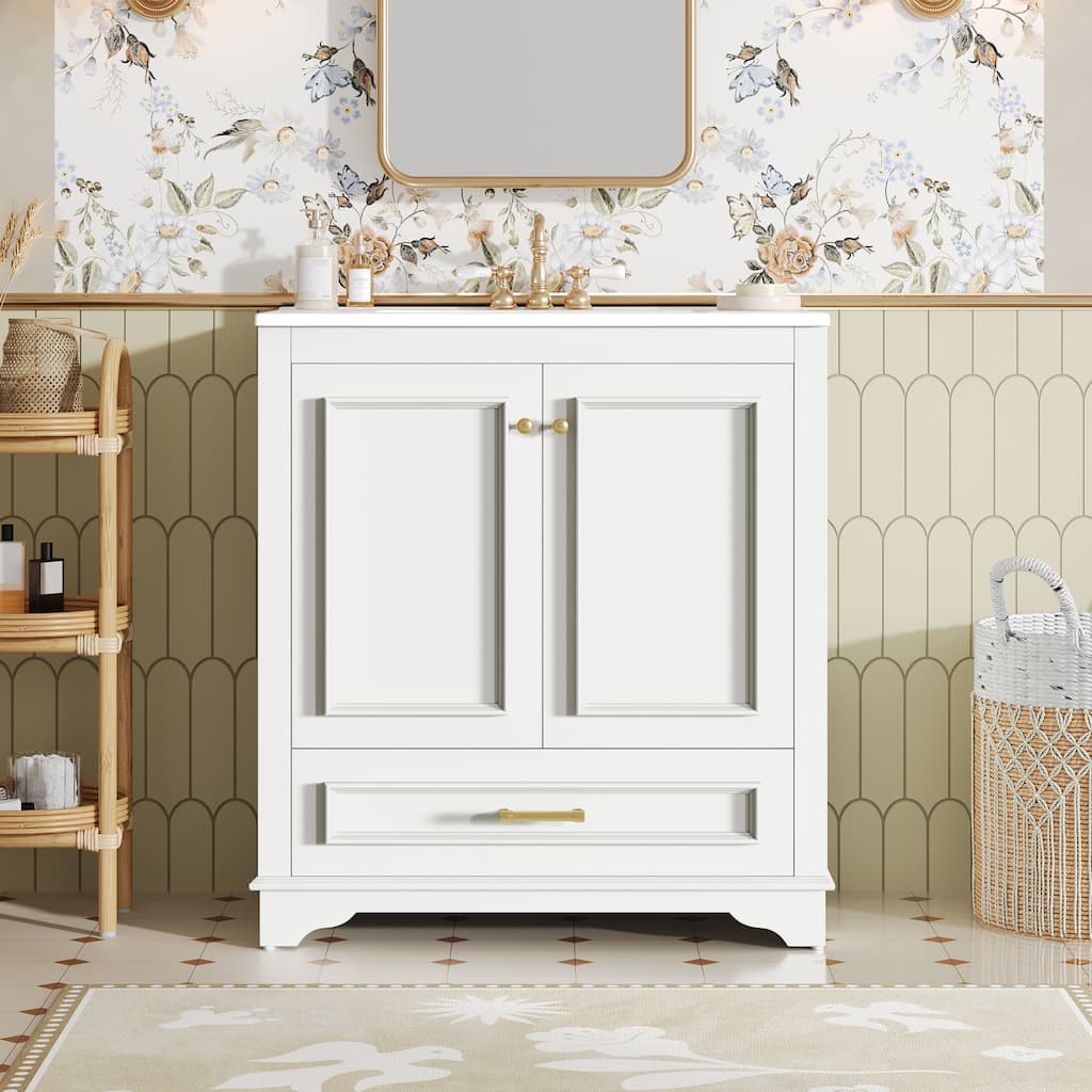 30'' Freestanding Bathroom Vanity with Single White Integrated Ceramic Sink - 30.5'' x 18.4'' x 33.9''
