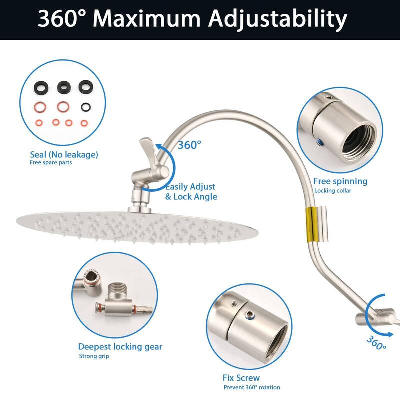 Bathlet 12" Rain Shower Head with Adjustable Height & Distance Extension Arm