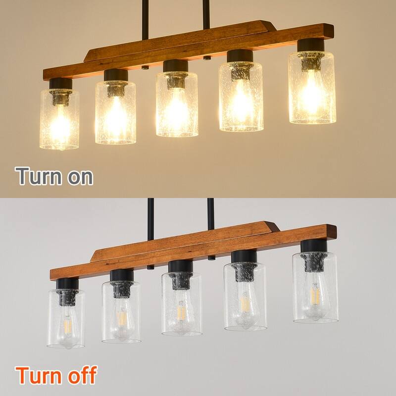 Farmhouse Chandelier for Dining Room Kitchen Island Rustic Wood Linear Pendant Light with Seed Glass Shade