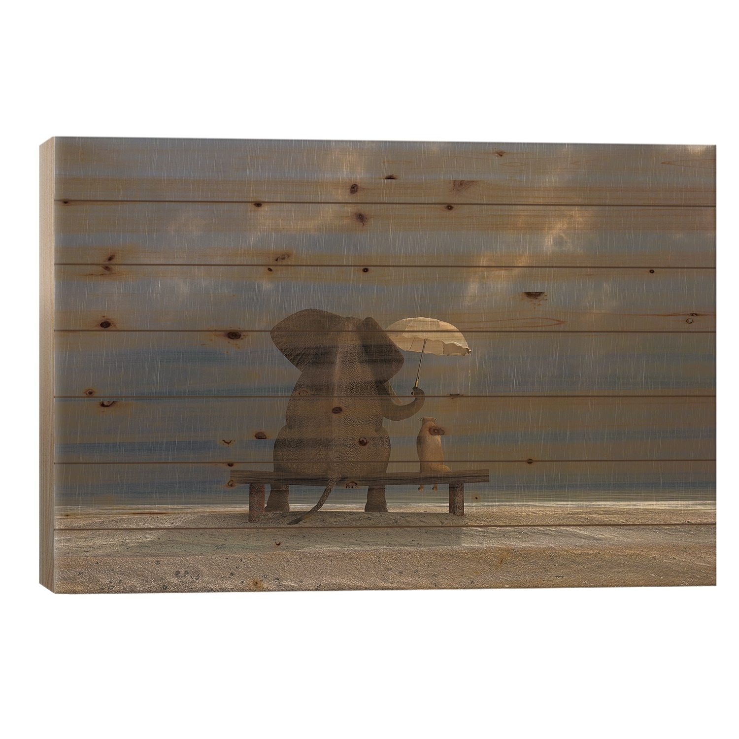 Elephant And Dog Sit Under The Rain Print On Wood by Mike Kiev - Multi-Color