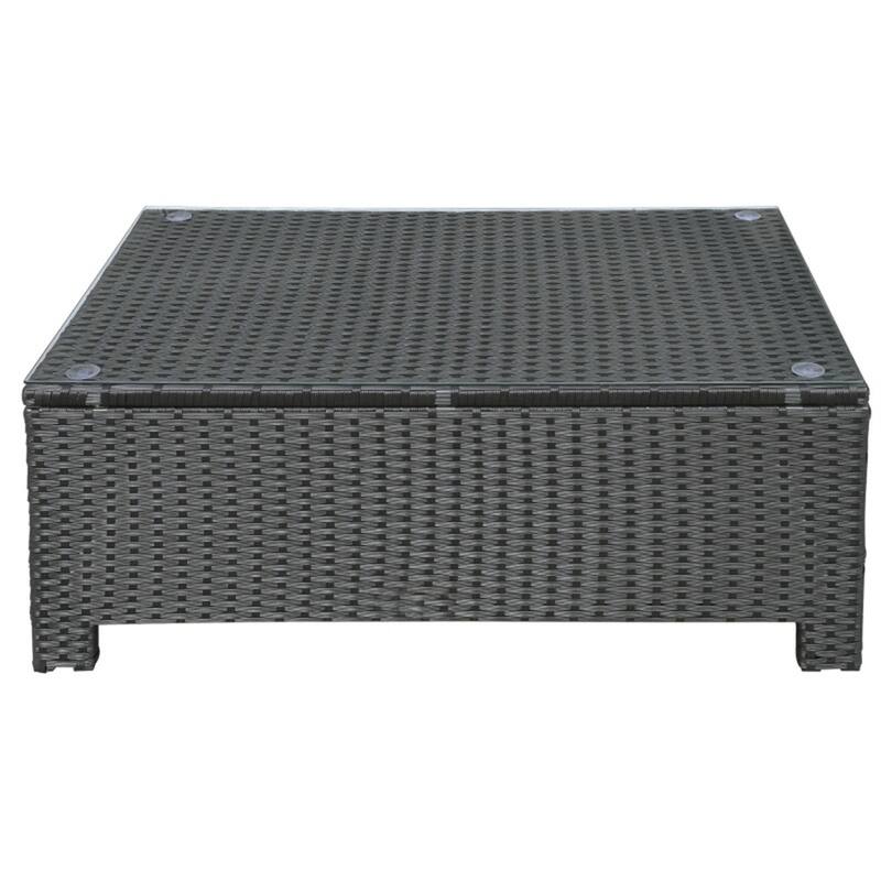 Black Steel PE Rattan Outdoor Coffee Table with Tempered Glass Top - 33.5" L x 19.75" W x 15.25" H