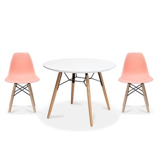 Overstock 2xhome Modern Accent Kids Toddler Children Side Armless Chair and Round Table Combo with Eiffel Natural Wooden Legs for Dining (Pink)