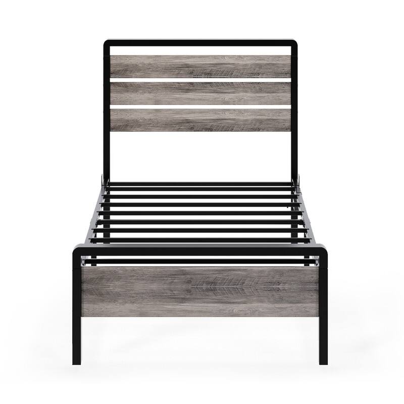 Bed Frame with LED Light and Charging Station, Metal Platform Bed with Wood Headboard