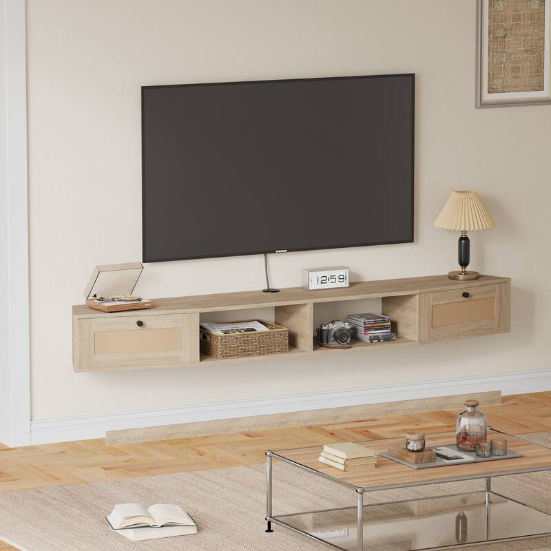 EROMMY Wall-Mounted TV Cabinet with Rattan Doors & Shelves - Floating Entertainment Center with Cable Management - Light Wood
