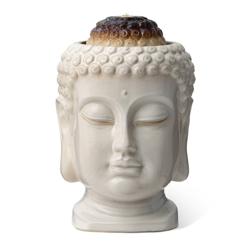 Glitzhome 18"H Zen-Style Buddha Head Ceramic LED Lighted Tabletop or Outdoor Floor Fountain