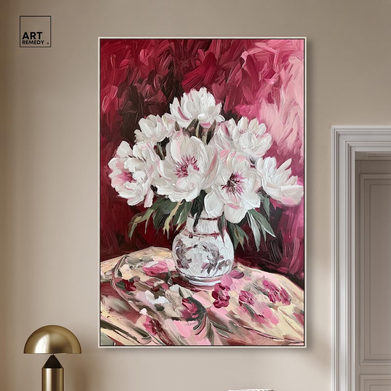 Peonies on Ruby Tide Canvas by Art Remedy
