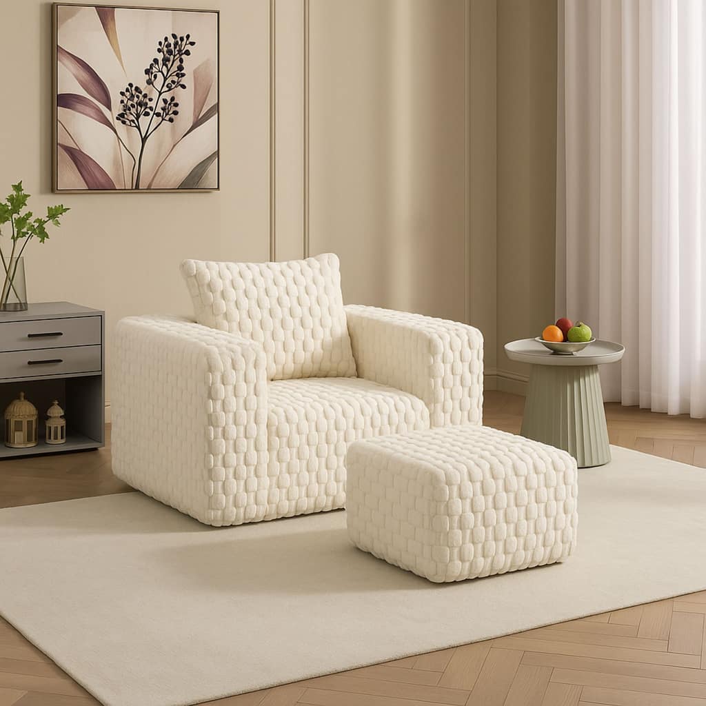 GDFStudio - Lingge Corduroy Compression Sofa with Ottoman- Modern White Lounge Seating for Cozy Living Spaces
