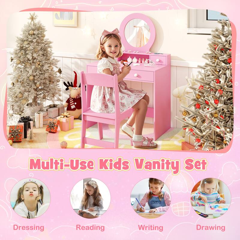 Gymax Kids Vanity Set Desk & Chair Set w/ Mirror Open Shelf & 4