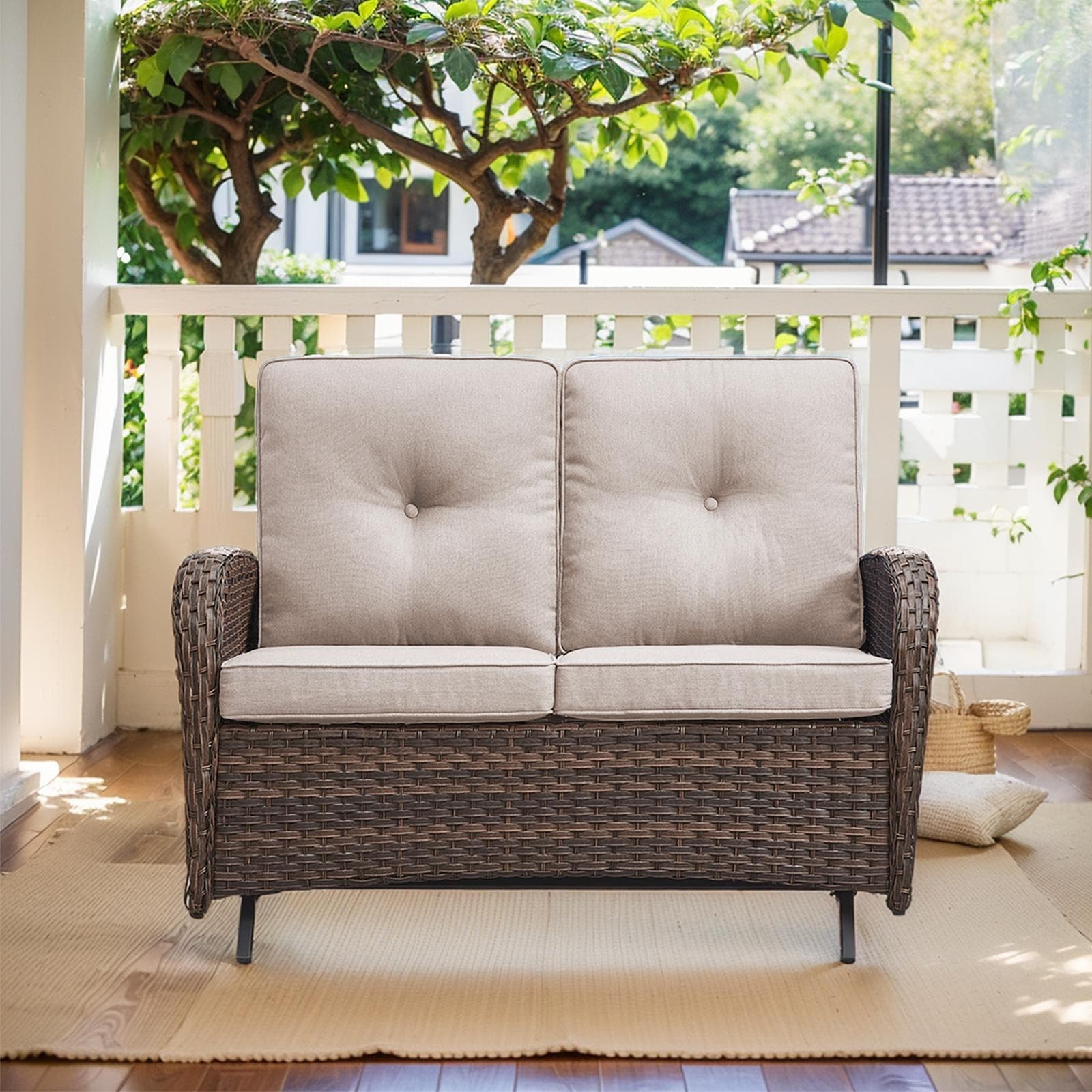 Outdoor Glider Loveseat Patio Sofa Brown-Beige - Brown