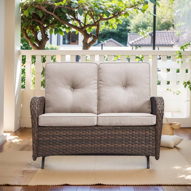 Outdoor Glider Loveseat Patio Sofa Brown-Beige - Brown - Brown - Beige