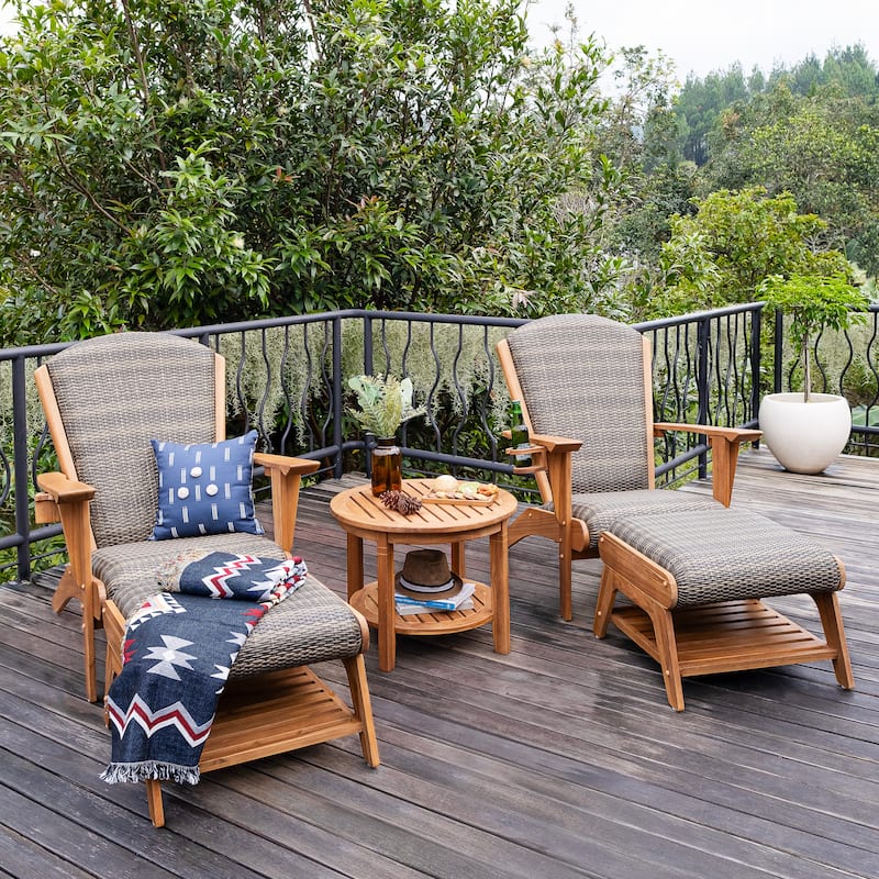 Cambridge Casual Camden Set of 5 Teak Outdoor Conversation Sets with Padded Woven Seats - Natural Teak/Koboo Gray Wicker