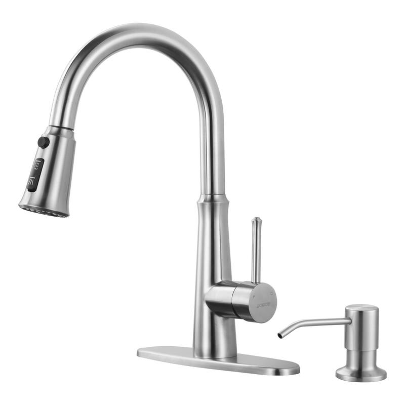 WOWOW Pull Down Sprayer Kitchen Faucet with Soap Dispenser - Brushed Nickel