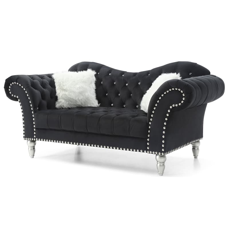 Tufted Velvet 3-Seater Sofa with Throw Pillows - 75" - Black