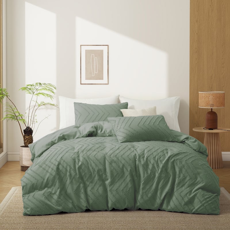 3 Piece Tufted Clipped Jacquard Geometric Oversized Duvet Cover Set - Full - Queen - Wave/Green