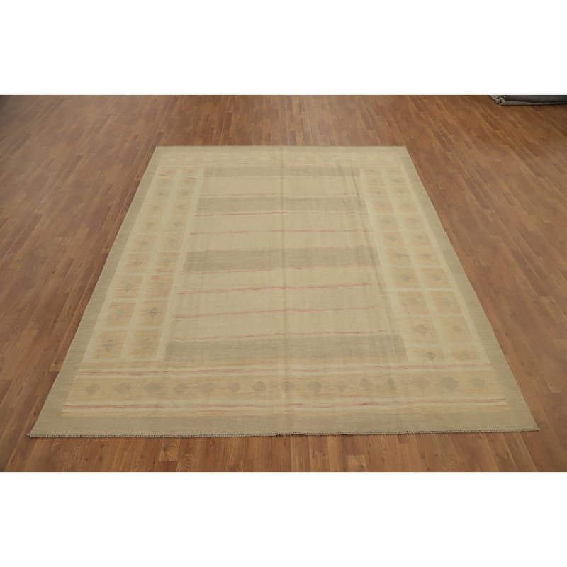 Hand Woven Oriental 100% Wool Carpet Southwestern Tribal Beige & Ivories Kilim Area Rug - 9' 10'' X 7' 10''