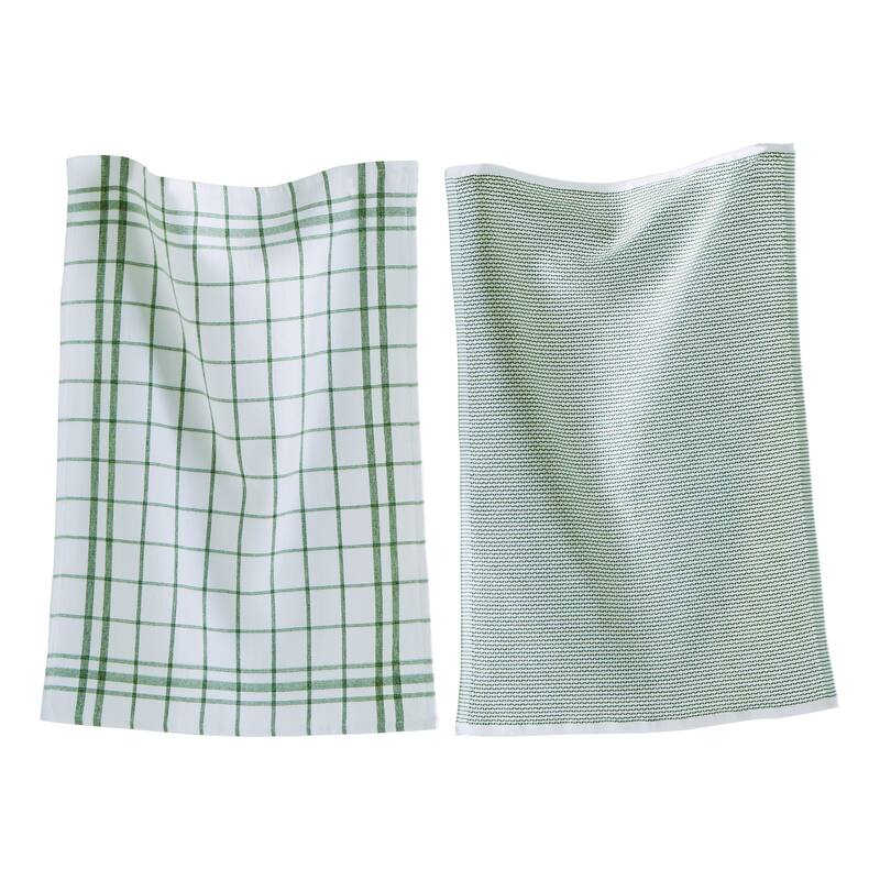26L"x18W" Classic Foliage Cotton Set of 2 Checked and Solid Terry Cloth Dishtowel Kitchen Towel Green Machine Washasble