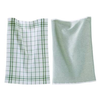 26L"x18W" Classic Foliage Cotton Set of 2 Checked and Solid Terry Cloth Dishtowel Kitchen Towel Green Machine Washasble
