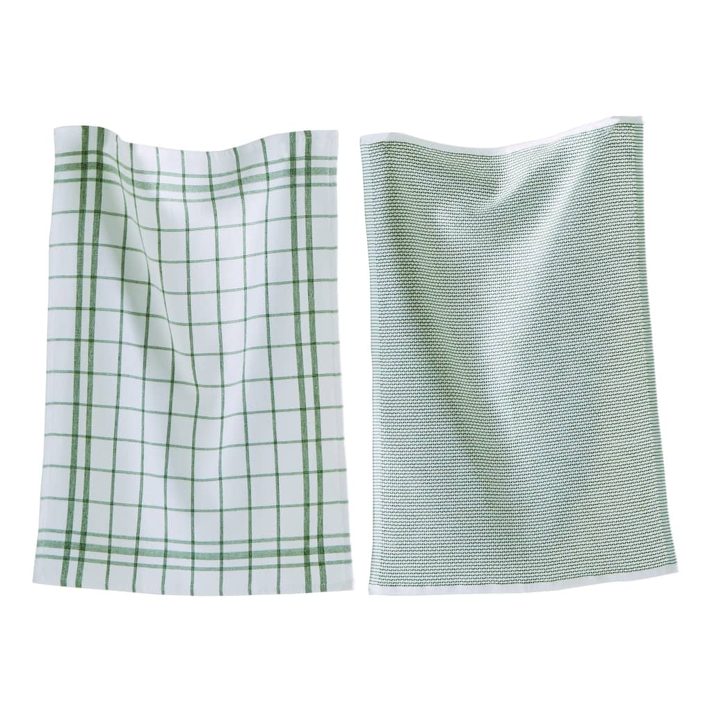 26L"x18W" Classic Foliage Cotton Set of 2 Checked and Solid Terry Cloth Dishtowel Kitchen Towel Green Machine Washasble