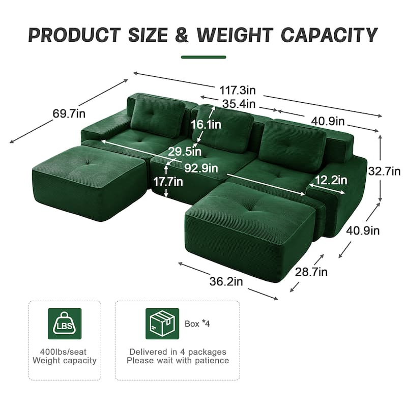 Modern U-Shaped Corduroy Sectional Sofa Couch with Removable Ottoman