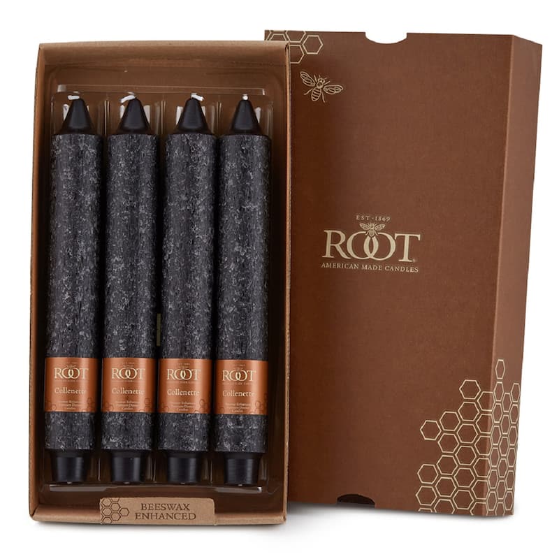Root Unscented 9 In. Timberline™ Collenette Taper Candles box of 4 - 9 X 1-1/4 - Black