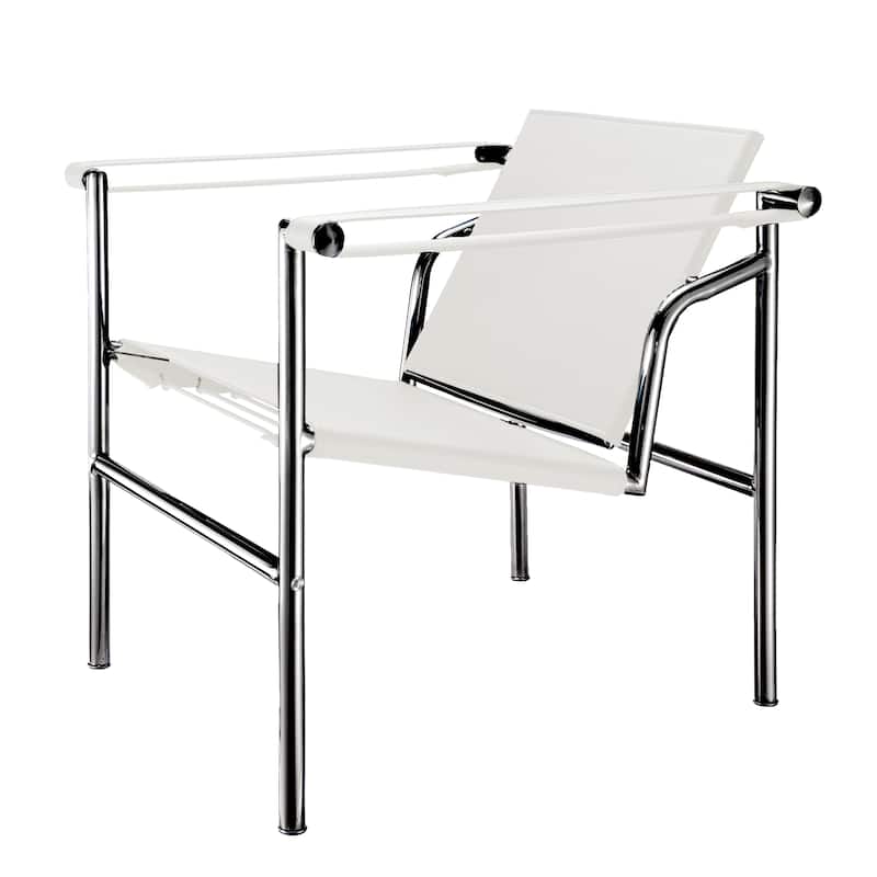 HomeRoots 24" White and Silver Faux Leather and Stainless Adjustable Back Arm Chair - 23.62 in. x 24.80 in. x 24.41 in.