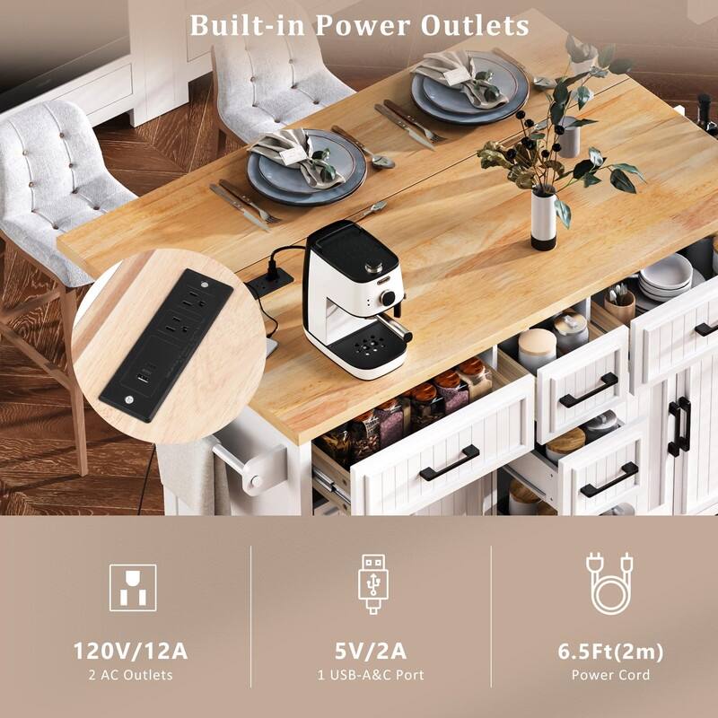 56.5" Kitchen Island with Drop Leaf and Charging Station, Rolling Kitchen Cart on Wheels with Drawers and Adjustable Shelves