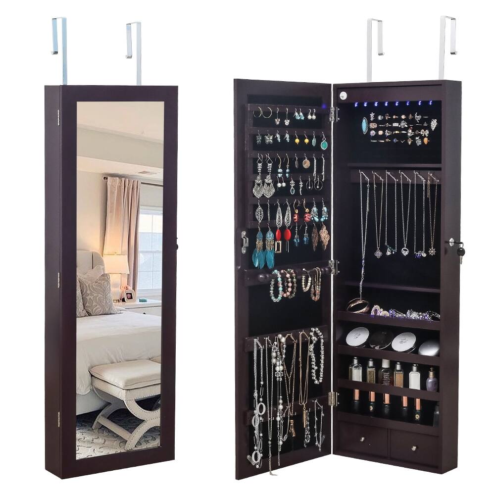 Wooden Wall Hanging Brown Jewelry Armoire Storage Cabinet