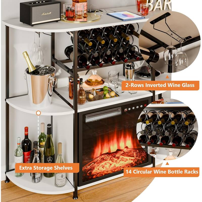 BOSSIN Wine Rack with Power Outlet and LED Lights, Home Bar Table Cabinet for Liquor with Fireplace,4-Tier Storage Glass Holder