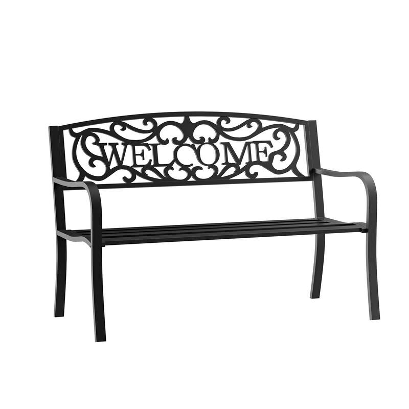 Outdoor Metal Garden Bench with Slatted Seat for Park, Porch, Yard, Entryway, Black