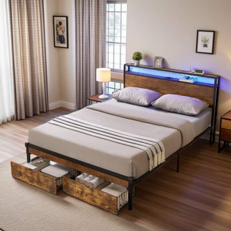 King Size Metal Bed Frame with LED Headboard, USB Charging Ports, Storage Drawers, and Wood Accents - Sturdy Platform Design - King Brown+Black - King