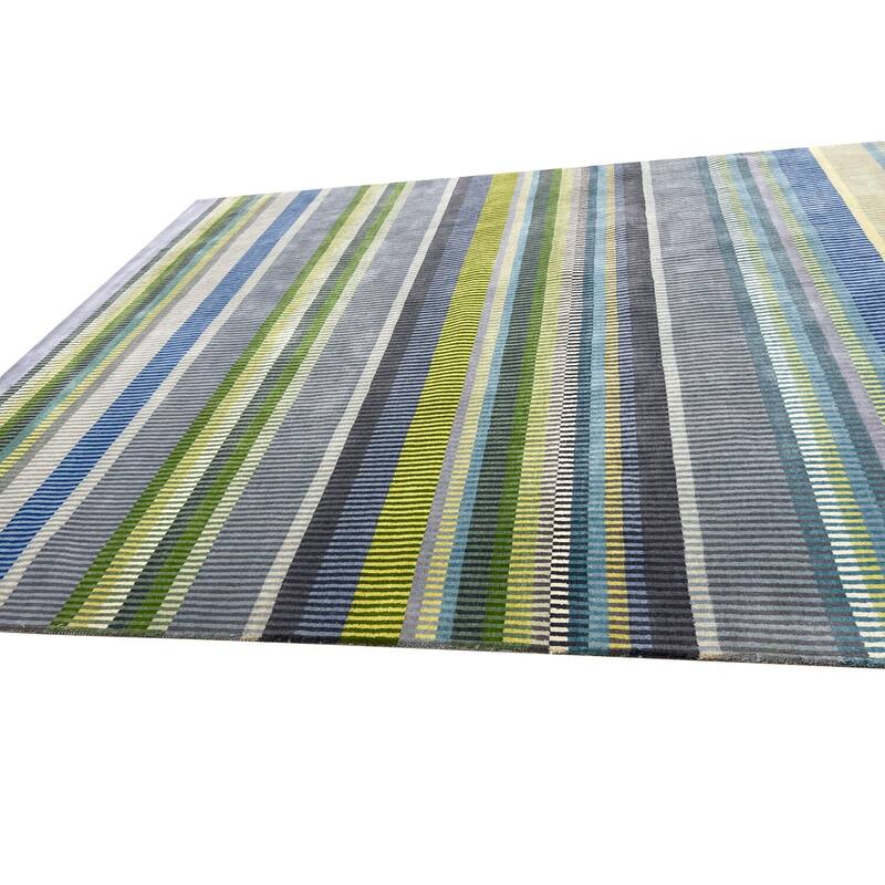 Green Hand-Knotted Wool Knotted Striped Rug, 10' x 14', plush elegant floor accent - L