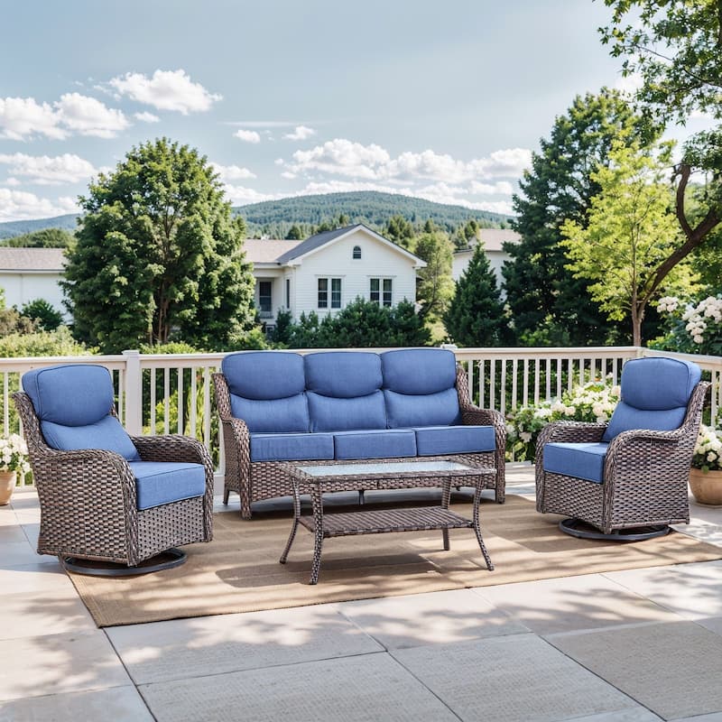 Outdoor Sofa with 6-Inch Thick Cushions Furniture for Porch - Brwon Wicker Blue Cushion - 4PCS Sofa w/ Swivel Chair Table