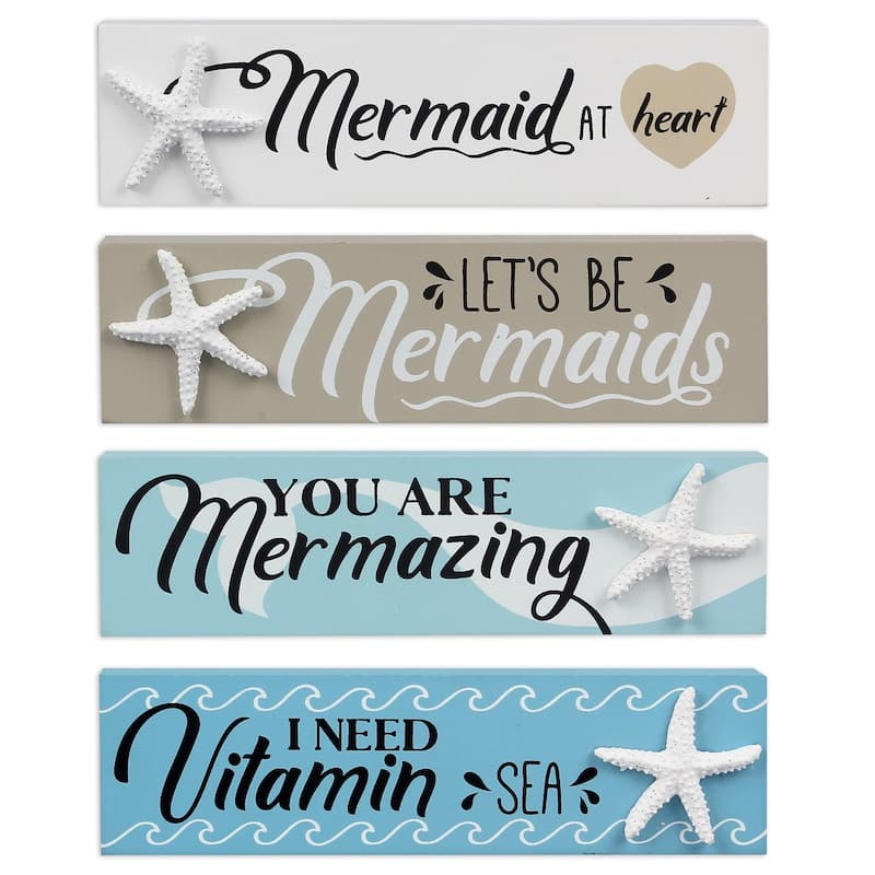 Mermaid at Heart You Are Mermazing Need Vitamin Sea Wood Blocks Set of 4 - Multi