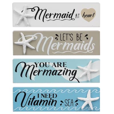 Mermaid at Heart You Are Mermazing Need Vitamin Sea Wood Blocks Set of 4 - Multi