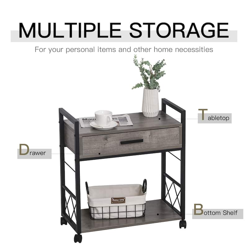 HOMCOM Industrial Style Side Table with 1 Drawer, Shelf, Wheels Wooden Bedside Table Night Stand, Home Furniture, Grey
