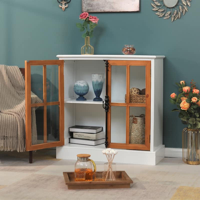 Sideboard Buffet Cabinet, Accent Wood Display Storage Cabinet with Glass Double Doors and Adjustable Shelves