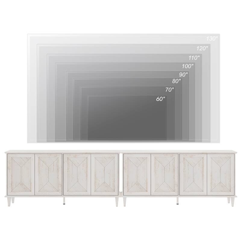 Modern Farmhouse TV Stand with Handcrafted Patchwork Doors for 55-130" TVs