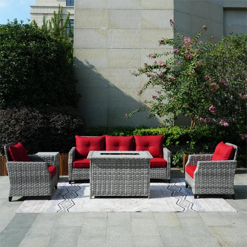 5-Piece Patio Wicker Sofa Set with Firepit Table and Rain cover - Red