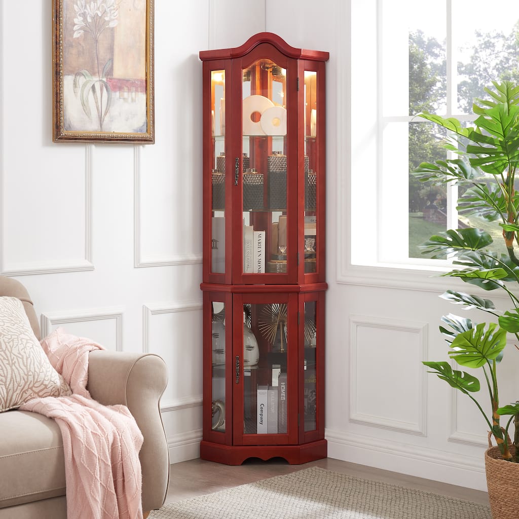 GDFStudio - Storage Corner Curio Cabinet with Lighted Glass Shelves
