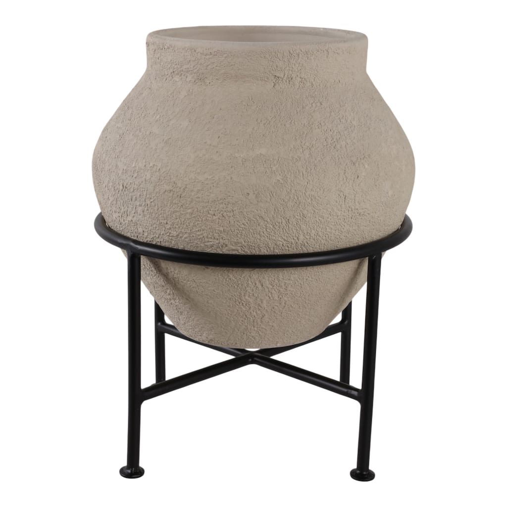 Pottery Planter Pot with Metal Stand Handcrafted Vessel Garden Decor