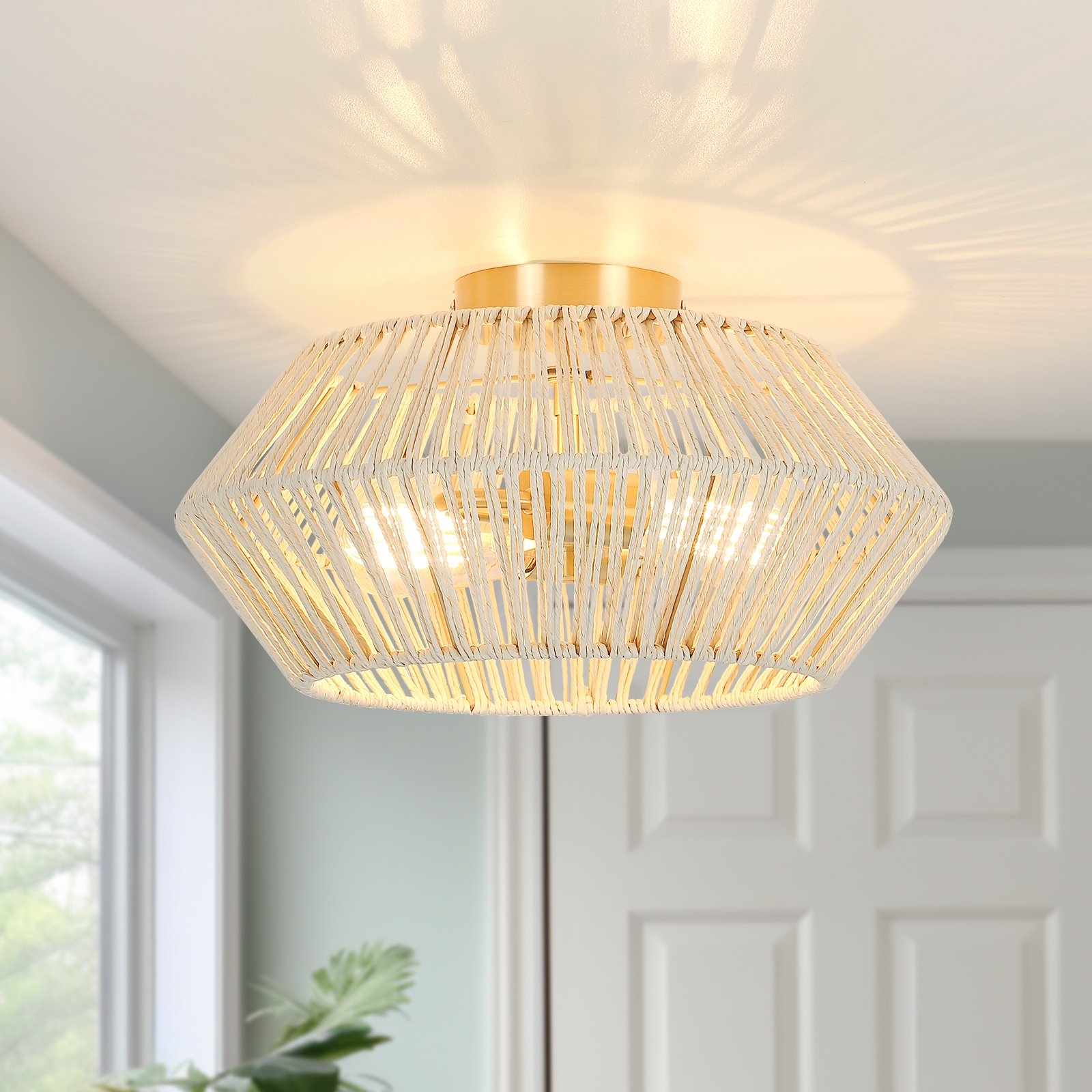 True Fine 2 Light Bohemian Woven Rope Semi Flush Mount Ceiling Light D16 inchx H8.7 inch Brass Beige 16 in. W Size 16 W