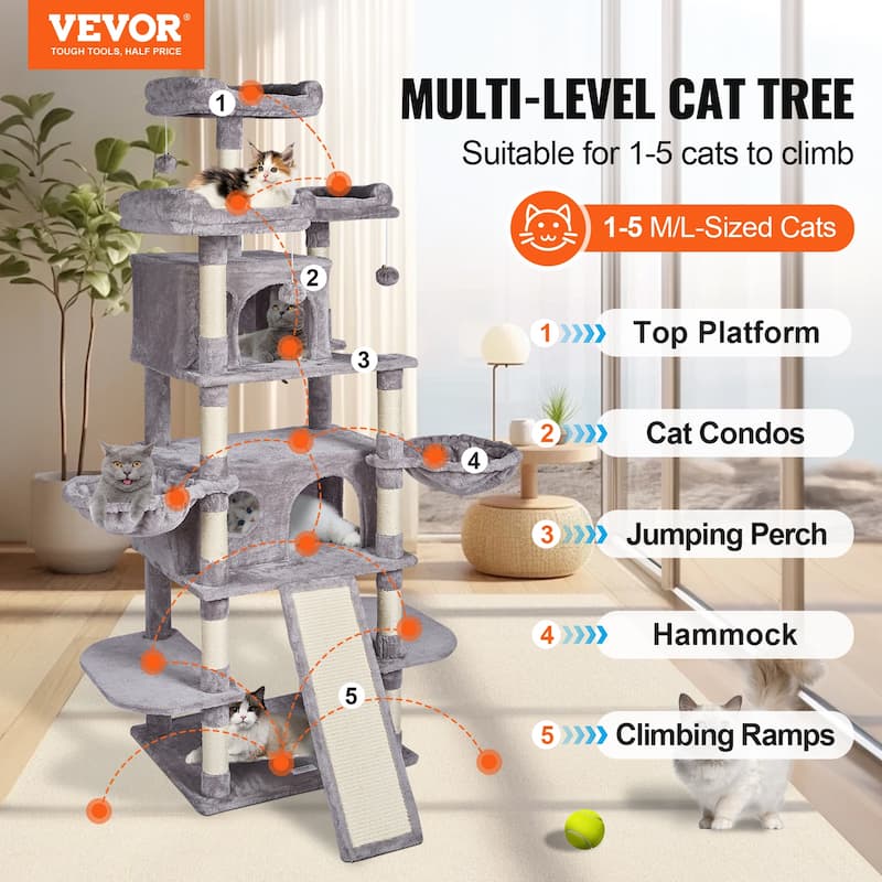 Cat Tree for Indoor Cats, 68.5" Cat Tower with 2 Cat Condos, Sisal Scratching Post, Hammocks, Top Perches