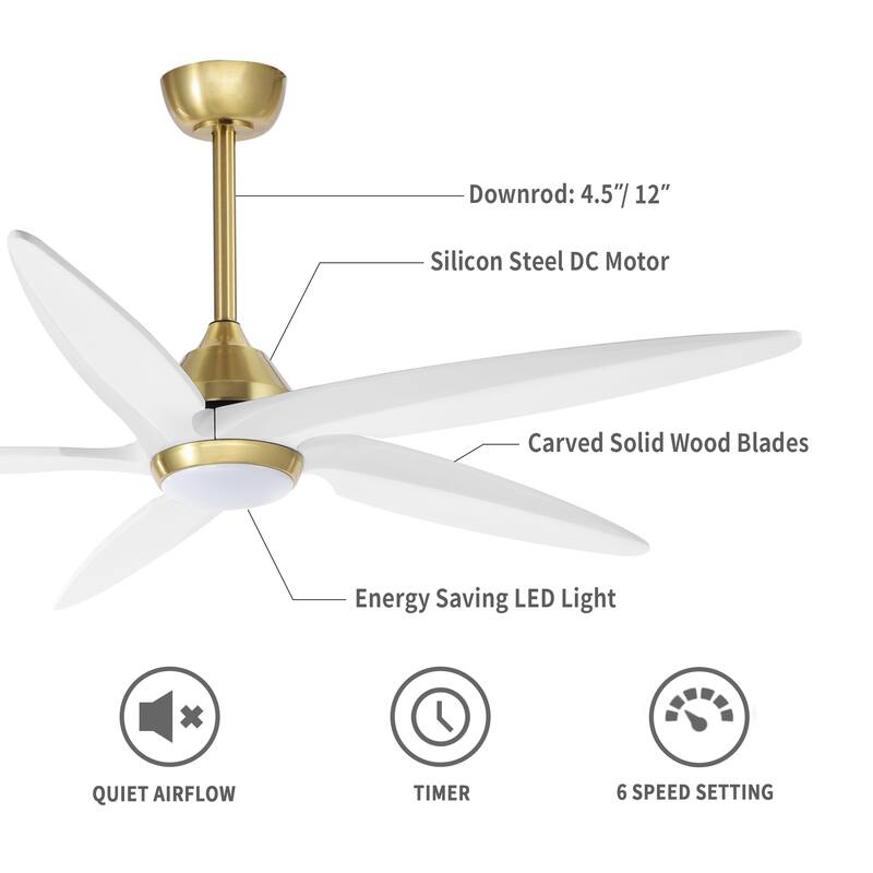 GetLedel 54" Solid Wood 5-Blade Ceiling Fan with Dimmable LED and Remote Control